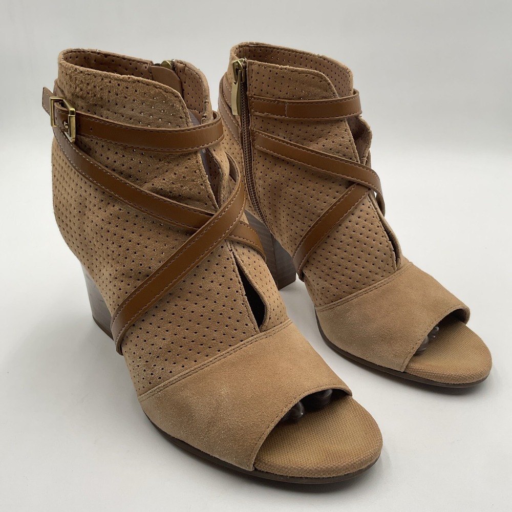 Franco Sarto Fantana Ankle Booties 8.5M Leather Open Toe Strappy Perforated Heel